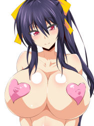 Rule 34 | 1girl, blush, breasts, chupa chupa ya, closed mouth, covered erect nipples, eyebrows, hair between eyes, hair ribbon, high school dxd, highres, himejima akeno, huge breasts, long hair, looking at viewer, nude, pasties, ponytail, purple hair, red eyes, ribbon, shiny skin, simple background, smile, solo, upper body, white background, yellow ribbon