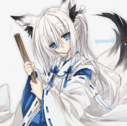 Rule 34 | 1boy, akatsuki (ggsy7885), animal ears, artist name, blue eyes, bow, broom, closed mouth, fox ears, fox tail, from side, hair between eyes, hair bow, hair strand, hands up, highres, holding, holding broom, japanese clothes, kimono, long hair, long sleeves, looking at viewer, looking to the side, male focus, original, ponytail, sidelocks, solo, standing, tail, tassel, trap, upper body, white background, white hair, white kimono, wide sleeves