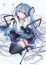 Rule 34 | 1girl, detached sleeves, full body, grin, hatsune miku, kuroi (liar-player), long hair, microphone, microphone stand, nail polish, necktie, skirt, smile, solo, thighhighs, twintails, very long hair, vocaloid