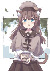 Rule 34 | 1girl, :d, ahoge, animal ear fluff, animal ears, black bow, black bowtie, black sailor collar, blue eyes, blush, bow, bowtie, brown capelet, brown hair, brown hat, brown skirt, capelet, cat ears, cat girl, cat tail, coffee cup, colon br, cowboy shot, cup, deerstalker, disposable cup, hair between eyes, hair ornament, hairclip, hat, highres, holding, holding cup, leaf, long hair, long sleeves, looking at viewer, open mouth, original, pleated skirt, sailor collar, shirt, sidelocks, simple background, skirt, smile, solo, straight-on, straight hair, tail, teeth, upper teeth only, white background, white shirt