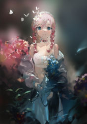 Rule 34 | 1girl, arknights, bare shoulders, blue eyes, blue flower, blue jacket, blue poison (arknights), blue poison (shoal beat) (arknights), bouquet, braid, bug, butterfly, choker, earrings, flower, hairband, highres, holding, holding bouquet, insect, jacket, jewelry, long hair, navel, o-ring, o-ring choker, off shoulder, pants, parted lips, pink choker, pink hair, solo, sports bra, stomach, twin braids, white hairband, yoga pants, zygocactus