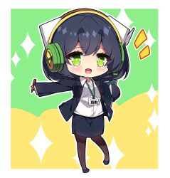 Rule 34 | 1girl, :d, absurdres, black footwear, black hair, black jacket, black skirt, blush, breasts, brown pantyhose, chibi, clipboard, collared shirt, commentary request, dress shirt, formal, full body, green eyes, groin, hair between eyes, headphones, highres, holding, holding pen, jacket, kyoumachi seika, lanyard, large breasts, long sleeves, looking at viewer, milkpanda, notice lines, open clothes, open jacket, open mouth, outline, outstretched arm, pantyhose, pen, pencil skirt, shirt, shoes, short eyebrows, skirt, skirt suit, sleeves past wrists, smile, solo, sparkle, standing, standing on one leg, suit, thick eyebrows, voiceroid, white outline, white shirt