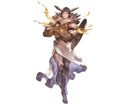Rule 34 | 10s, 1boy, abs, bare shoulders, barefoot, brown hair, feathered wings, feathers, fire, full body, granblue fantasy, grey eyes, hairband, male focus, minaba hideo, official art, shield, topless male, solo, tattoo, teeth, transparent background, uriel (granblue fantasy), wings