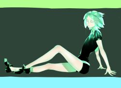 Rule 34 | 1other, androgynous, aqua hair, aqua nails, arm support, belt, black footwear, closed eyes, collared shirt, colored skin, crystal hair, gem, gem uniform (houseki no kuni), glint, glowing, glowing hair, hand on floor, hand rest, high collar, highres, houseki no kuni, jack (neku13), knee up, legs, loafers, long legs, nail polish, on floor, other focus, parted lips, phosphophyllite, puffy short sleeves, puffy sleeves, shirt, shoes, short hair, short jumpsuit, short shorts, short sleeves, shorts, sitting, solo, sparkle, white belt, white skin, wing collar