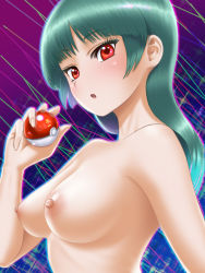 Rule 34 | 1girl, :o, alakazam, bare arms, bare shoulders, blush, breasts, creatures (company), eyebrows, eyelashes, female focus, game freak, gen 1 pokemon, gradient background, green hair, hadairo rainbow, highres, holding, japanese text, large breasts, long hair, looking at viewer, midriff, nintendo, nipples, nude, open mouth, outline, pixel art, poke ball, poke ball (basic), pokemon, pokemon (creature), pokemon frlg, pokemon lgpe, purple background, red eyes, sabrina (pokemon), shiny skin, sidelocks, solo, upper body