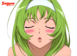Rule 34 | 10s, 1girl, absurdres, blush, closed eyes, copyright name, green hair, hairband, highres, incoming kiss, kiss, official art, scan, simple background, solo, star driver, watanabe kanako, white background