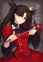 Rule 34 | 1girl, absurdres, archer (fate), bat wings, black hair, blue eyes, crown, dress, fate/stay night, fate (series), hair ornament, highres, hujitaumi, long hair, red dress, smile, tohsaka rin, twintails, wand, wings