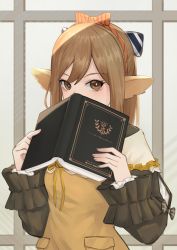 Rule 34 | 1girl, animal ears, arknights, bad id, bad pixiv id, book, bow, brown eyes, brown hair, covering face, fox ears, frilled sleeves, frills, hair ornament, hairband, highres, holding, holding book, looking at viewer, nekonomi, official alternate costume, perfumer (arknights), perfumer (leisurely afternoon) (arknights), solo, upper body, yellow bow