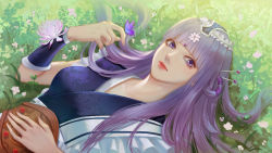 Rule 34 | 1girl, asymmetrical sleeves, bug, butterfly, flower, grass, hair ornament, hair rings, highres, insect, long hair, looking back, lying, muqing mq, on back, purple hair, qinshi mingyue, shao siming (qin shi ming yue), smile, solo, upper body