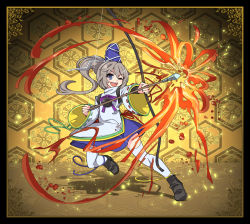 Rule 34 | 1girl, arrow (projectile), black border, blue eyes, border, bow (weapon), drawing bow, hat, hat ribbon, holding, holding bow (weapon), holding weapon, long sleeves, mononobe no futo, one eye closed, open mouth, ponytail, ribbon, shirt, silver hair, skirt, smile, solo, thighhighs, touhou, umigarasu (kitsune1963), weapon, white thighhighs, wide sleeves, zettai ryouiki
