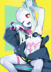 Rule 34 | 1girl, ;o, arm up, armpits, ataruman, black bra, black jacket, bra, breasts, colored sclera, colored skin, commentary request, cyberpunk (series), cyberpunk edgerunners, dual wielding, forehead, gun, handgun, head tilt, highres, holding, holding gun, holding weapon, jacket, light green hair, long hair, long sleeves, looking at viewer, navel, off shoulder, one eye closed, parted bangs, partially unzipped, petite, rebecca (cyberpunk), red sclera, sitting, small breasts, solo, spread legs, stomach tattoo, tattoo, trigger discipline, underwear, weapon, white skin, yellow eyes