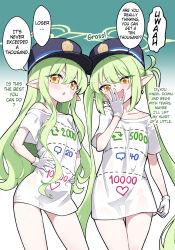 2girls :d alternate_costume alternate_language black_hat blue_archive commentary english_commentary english_text gloves gradient_background green_background green_hair green_halo halo hat highres hikari_(blue_archive) hm_(hmongt) looking_at_viewer multiple_girls nozomi_(blue_archive) open_mouth shirt siblings sidelocks sisters smile speech_bubble t-shirt twins twintails twitter_strip_game white_background white_gloves white_shirt yellow_eyes