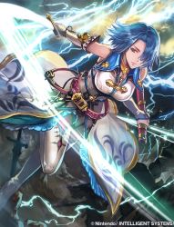 Rule 34 | 1girl, bad id, bad twitter id, belt, blue eyes, blue hair, boots, bracelet, breasts, cleavage, electricity, fire emblem, fire emblem: radiant dawn, fire emblem cipher, gloves, hair over one eye, jewelry, lucia (fire emblem), necklace, nij 24, nintendo, official art, solo, sword, weapon
