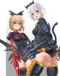 Rule 34 | 2girls, 30 minutes sisters, absurdres, ass, black footwear, black gloves, black leotard, blonde hair, blue eyes, blush, boots, breasts, cable, cable tail, clenched hand, covered navel, doll joints, gloves, gradient background, green eyes, grey hair, hair behind ear, hand on hilt, highres, joints, leotard, looking at viewer, looking back, low wings, mechanical tail, mechanical wings, medium breasts, multiple girls, open hand, open mouth, rishetta (30ms), shield, short hair, skindentation, small breasts, smile, sword, tail, thigh boots, tiasha (30ms), tirano rinko, weapon, wings