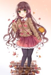 Rule 34 | 1girl, :d, autumn leaves, bad id, bad pixiv id, bag, black pantyhose, blush, breasts, brown eyes, brown footwear, brown hair, brown sweater, cellphone, collared shirt, commentary request, frilled skirt, frills, full body, hair between eyes, handbag, headphones, heart, highres, holding, holding phone, long hair, long sleeves, looking at viewer, medium breasts, neck ribbon, open mouth, original, pantyhose, phone, pleated skirt, red ribbon, red skirt, ribbon, shikino (sikinonono), shirt, shoes, shoulder bag, skirt, sleeves past wrists, smile, solo, standing, sweater, very long hair, white shirt