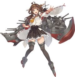 Rule 34 | 1girl, ahoge, black bow, black skirt, black thighhighs, boots, bow, brown hair, cannon, clenched hand, collared shirt, detached sleeves, frilled skirt, frills, full body, hair intakes, hair ornament, hairband, headgear, highres, kantai collection, kongou (kancolle), konishi (koconatu), long hair, looking at viewer, machinery, non-web source, nontraditional miko, official art, open mouth, outstretched arm, purple eyes, remodel (kantai collection), ribbon-trimmed sleeves, ribbon trim, sakuramon, shirt, sidelocks, skirt, smile, thighhighs, torpedo launcher, transparent background, turret, zettai ryouiki