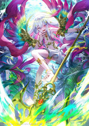 Rule 34 | 1boy, :d, barefoot, blue eyes, bracelet, company name, electricity, heterochromia, holding, holding polearm, holding weapon, ibara riato, jewelry, male focus, navel, official art, open mouth, outdoors, pink eyes, polearm, silver hair, smile, thighlet, weapon, wings, z/x