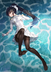 Rule 34 | 1girl, absurdres, azur lane, black hair, black pantyhose, bow, breasts, closed eyes, feet, full body, gins, gloves, hair bow, highres, long hair, lying, medium breasts, military, military uniform, miniskirt, no shoes, on back, open mouth, panties, panties under pantyhose, pantyhose, pantyshot, pleated skirt, ponytail, skirt, skirt set, solo, takao (bilan hangxian), taut clothes, thighband pantyhose, toes, unconscious, underwear, uniform, very long hair, water, water surface, white gloves