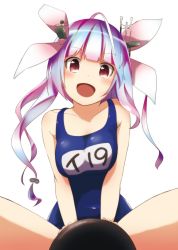 Rule 34 | 10s, 1girl, :d, ahoge, blue hair, highres, i-19 (kancolle), kantai collection, long hair, name tag, one-piece swimsuit, open mouth, personification, red eyes, school swimsuit, smile, solo, suzumeko, swimsuit, twintails