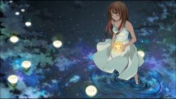 Rule 34 | 1girl, artist request, brown hair, candle, character request, copyright request, dress, closed eyes, highres, night, reflection, reflective water, spaghetti strap, wading, water, white dress