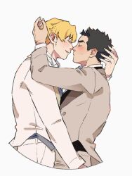 Rule 34 | 2boys, ao isami, black hair, blonde hair, blush, closed eyes, couple, cropped legs, facial hair, formal, from side, hand on another&#039;s head, highres, husband and husband, lewis smith, male focus, multiple boys, nikutabetai502, noses touching, official alternate costume, sideburns stubble, standing, stubble, suit, thick eyebrows, yaoi, yuuki bakuhatsu bang bravern