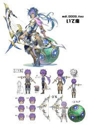 Rule 34 | absurdres, bow (weapon), character sheet, concept art, copyright notice, dark skin, expressions, full body, highres, multiple views, official art, purple hair, rolling sphere, simple background, watermark, weapon, white background, yellow eyes