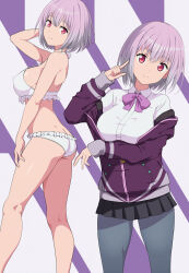 Rule 34 | 1girl, arm behind head, arm under breasts, ass, bikini, black pantyhose, black skirt, bow, bowtie, breasts, butt crack, closed mouth, collared shirt, commentary request, dot nose, gridman universe, highres, index finger raised, jacket, kneepits, large breasts, light purple hair, long sleeves, looking at viewer, miniskirt, multiple views, nanikairu, off shoulder, pantyhose, pleated skirt, purple bow, purple bowtie, purple jacket, red eyes, shinjou akane, shirt, short hair, skirt, smile, split mouth, ssss.gridman, swimsuit, white bikini