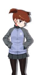Rule 34 | 10s, 1girl, black pantyhose, blue skirt, blunt bangs, closed mouth, cowboy shot, girls und panzer, hair tie, hands in pockets, head tilt, jacket, kayabakoro, light smile, long sleeves, looking at viewer, mikko (girls und panzer), military, military uniform, miniskirt, pants, pants rolled up, pants under skirt, pantyhose, pleated skirt, red eyes, red hair, shadow, short hair, short twintails, simple background, skirt, solo, standing, track jacket, twintails, uniform, white background