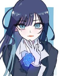 Rule 34 | 1girl, ado (utaite), black bow, black bowtie, blue background, blue eyes, blue flower, blue hair, blue rose, border, bow, bowtie, chando (ado), cloud nine inc, collared shirt, colored inner hair, commentary, flower, flower brooch, gloves, hand on own chin, hand up, hayakawasakushiido, long hair, looking at viewer, mole, mole under eye, multicolored hair, one-hour drawing challenge, outside border, rose, shirt, simple background, solo, two-tone hair, upper body, utaite, white border, white gloves, white shirt