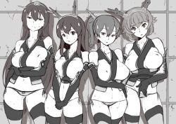 Rule 34 | 10s, 4girls, absurdres, amagi (battlecruiser) (kancolle), amagi (kancolle), bare shoulders, breasts, cameltoe, covered erect nipples, crossed arms, date naoto, elbow gloves, gloves, headgear, highres, kantai collection, large breasts, lineup, long hair, lowleg, lowleg panties, multiple girls, mutsu (kancolle), nagato (kancolle), original, panties, ponytail, pussy juice, short hair, side-tie panties, side ponytail, sweat, thighhighs, tosa (kancolle), underwear