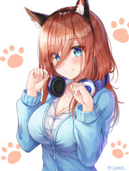 Rule 34 | 1girl, animal ear fluff, animal ears, black hairband, blue cardigan, blue eyes, breasts, cardigan, cat ears, cleavage, closed mouth, collarbone, fake animal ears, go-toubun no hanayome, hair between eyes, hairband, hands up, headphones, headphones around neck, highres, large breasts, lkeris, long hair, long sleeves, looking at viewer, nakano miku, paw pose, paw print, paw print background, red hair, school uniform, shirt, sidelocks, simple background, smile, solo, twitter username, upper body, white background, white shirt