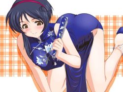 Rule 34 | 1girl, all fours, blue hair, blush, breasts, brown eyes, china dress, chinese clothes, folded fan, dimples of venus, dress, dutch angle, covered erect nipples, hand fan, female focus, folding fan, furuno masashi, hairband, large breasts, pachi file, shadow, smile, solo, wallpaper