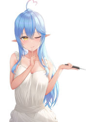 Rule 34 | 1girl, absurdres, ahoge, alternate costume, apron, bare shoulders, blue hair, blush, braid, breasts, cleavage, closed mouth, collarbone, contrapposto, finger to mouth, hair between eyes, heart, heart ahoge, highres, hololive, long hair, looking at viewer, naked apron, one eye closed, pointy ears, shushing, simple background, smile, solo, spatula, tobiiiiiii, upper body, virtual youtuber, white background, yellow eyes, yukihana lamy