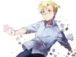Rule 34 | 1boy, alphonse elric, blonde hair, blue shirt, fullmetal alchemist, looking away, male focus, outstretched hand, pants, puzzle piece, riru, shirt, short hair, simple background, solo, solo focus, too many, white background, wide-eyed, yellow eyes