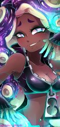 Rule 34 | 1girl, aqua eyes, aqua hair, aqua skin, arched back, arm at side, armpit peek, artist name, bare arms, bare shoulders, bioluminescence, black gloves, black vest, breasts, cephalopod eyes, cleavage, collarbone, collared vest, colored skin, crop top, cropped vest, dark-skinned female, dark skin, fingerless gloves, gloves, glowing, glowing hair, glowing hand, glowing skin, grin, half-closed eyes, hand up, headphones, high collar, highres, invidiata, lips, long hair, looking at viewer, marina (splatoon), medium breasts, midriff, mole, mole under mouth, multicolored hair, multicolored skin, navel, navel piercing, nintendo, octoling, parted lips, piercing, pink pupils, purple hair, smile, solo, sparkle, splatoon (series), splatoon 2, stomach, suction cups, tentacle hair, unzipped, upper body, vest, x0kuja0x, zipper, zipper pull tab