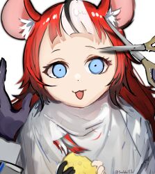 Rule 34 | 2girls, :3, absurdres, animal ear fluff, animal ears, black gloves, black hair, blunt bangs, cape, cheese, cutting hair, food, gloves, hakos baelz, highres, holding, holding food, hololive, hololive english, looking at viewer, mouse ears, mouse girl, multicolored hair, multiple girls, open mouth, ouro kronii, red hair, scissors, sobbi11, streaked hair, virtual youtuber, white hair