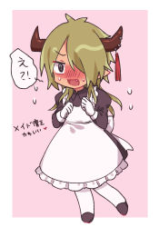 Rule 34 | 1boy, :d, alternate costume, apron, bad id, bad pixiv id, black dress, black footwear, blush, chibi, crossdressing, dark skin, demon horns, demon king tasogare, dress, enmaided, fang, frilled apron, frills, full body, gloves, green hair, hacha (hachaowo), horn piercing, horns, juliet sleeves, long hair, long sleeves, maid, maid apron, male focus, maou-jou de oyasumi, nose blush, open mouth, pantyhose, pink background, pointy ears, puffy sleeves, shoes, smile, solo, sweat, translation request, two-tone background, white apron, white background, white gloves, white pantyhose