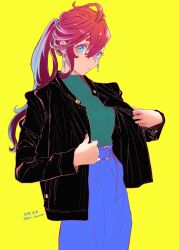 Rule 34 | 1girl, 2022, alternate costume, alternate hair length, alternate hairstyle, artist name, black jacket, blue eyes, blue pants, dated, earrings, expressionless, gundam, gundam suisei no majo, high ponytail, highres, holding, holding clothes, jacket, jewelry, long hair, pants, red hair, simple background, solo, suletta mercury, sweater, very long hair, yellow background, yuri kyanon