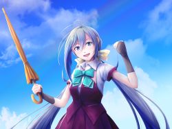 Rule 34 | 1girl, absurdres, aqua bow, aqua bowtie, black gloves, blue sky, bow, bowtie, day, fingerless gloves, gloves, grey eyes, grey hair, highres, huge filesize, junk life, kantai collection, kiyoshimo (kancolle), long hair, low twintails, outdoors, purple vest, school uniform, short sleeves, sky, solo, twintails, very long hair, vest