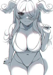 Rule 34 | 1girl, blush, breasts, chromatic aberration, cleavage, closed mouth, collarbone, covered navel, cowboy shot, elira pendora, fang, hair over one eye, head wings, highres, large breasts, long hair, looking at viewer, nijisanji, nijisanji en, one-piece swimsuit, savi (byakushimc), simple background, sitting, skin fang, smile, solo, strap lift, swimsuit, thigh gap, virtual youtuber, white background, wings