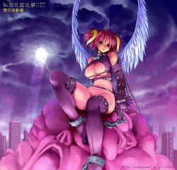 Rule 34 | 1girl, angel, angel wings, bdsm, bondage, bottomless, bound, breasts, brown eyes, chain, city, cleavage, cleavage cutout, clothing cutout, cuffs, demon girl, detached sleeves, elbow gloves, gloves, horns, large breasts, legion, legion (castlevania), light rays, looking at viewer, navel, no panties, original, pink hair, shackles, short hair, sitting, sky, slave, solo, sunbeam, sunlight, thighhighs, togusa masamu, turtleneck, underboob, wings