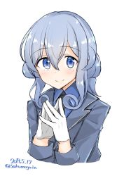 Rule 34 | 1girl, black necktie, blouse, blue eyes, blue hair, blue shirt, collared shirt, cropped torso, dated, gloves, gotland (kancolle), gotland andra (kancolle), hair between eyes, hair bun, half gloves, highres, kantai collection, long hair, long sleeves, looking at viewer, military, military uniform, mole, mole under eye, necktie, own hands clasped, own hands together, sakikumo (sakumo), shirt, simple background, single hair bun, solo, steepled fingers, twitter username, uniform, upper body, white background, white gloves