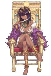 Rule 34 | 1girl, anklet, barefoot, between breasts, black hair, bracer, breasts, chair, character request, choker, crossed legs, dark-skinned female, dark skin, egyptian, feet, full body, gold, headdress, highres, himeou to saigo no kishidan, holding, jewelry, knife, large breasts, long hair, miniskirt, necklace, official art, pink eyes, ring, shoe-ji, simple background, sitting, skirt, smile, snake, solo, throne, transparent background, white background