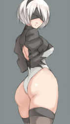 Rule 34 | 1girl, ass, black blindfold, black hairband, black thighhighs, blindfold, breasts, commentary request, gloves, hairband, highleg, highleg leotard, leotard, medium breasts, mokkosu., mole, mole under mouth, nier (series), nier:automata, open mouth, puffy sleeves, short hair, simple background, solo, standing, thighhighs, white hair, white leotard, 2b (nier:automata)