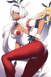 Rule 34 | 1boy, 1girl, alternate costume, animal ears, ass, blonde hair, breasts, caenis (fate), cleavage, cropped jacket, dark-skinned female, dark skin, detached collar, fake animal ears, fate/grand order, fate (series), fishnets, flower, formal, gloves, grin, hair intakes, highleg, highleg leotard, highres, kirschtaria wodime, leotard, long hair, pantyhose, playboy bunny, polearm, ponytail, ponytail holder, rabbit ears, rabbit tail, red eyes, red pantyhose, rose, sabamori, smile, suit, tail, tattoo, tuxedo, weapon, wrist cuffs