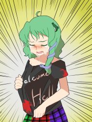 Rule 34 | 1girl, ahoge, bad id, bad twitter id, black shirt, blush, clothes writing, cosplay, crying, emphasis lines, frog hair ornament, gradient background, green hair, hair ornament, hecatia lapislazuli, hecatia lapislazuli (cosplay), kochiya sanae, long hair, multicolored clothes, multicolored skirt, off shoulder, open mouth, sasa kichi, shirt, shirt grab, short sleeves, skirt, snake hair ornament, solo, t-shirt, tears, teeth, tongue, touhou, upper body, white background, yellow background