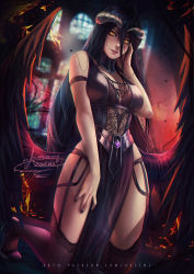 Rule 34 | 1girl, albedo (overlord), artist name, axsen, bare shoulders, black hair, breasts, fingernails, hair between eyes, hand on own face, highres, horns, kneeling, large breasts, long hair, looking at viewer, overlord (maruyama), parted lips, solo, wings, yellow eyes