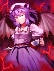 Rule 34 | 1girl, bat wings, blue hair, cup, dress, fang, female focus, gradient background, grin, hat, kaiza (rider000), one eye closed, red eyes, remilia scarlet, saucer, short hair, smile, solo, teacup, touhou, window, wings, wink