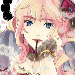 Rule 34 | 1girl, blonde hair, blue eyes, doily, food, head rest, looking at viewer, macross, macross frontier, mouth hold, pocky, portrait, sheryl nome, wavy hair, yurimami