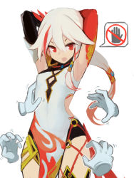 Rule 34 | 1girl, armpits, arms up, asymmetrical clothes, china dress, chinese clothes, commentary request, cowboy shot, disembodied hand, dress, fu hua, fu hua (phoenix), gold trim, gradient hair, hair between eyes, highres, honkai (series), honkai impact 3rd, jack (darkshero), long hair, multicolored hair, open mouth, red eyes, red hair, silver hair, solo, streaked hair, tickling, tickling sides, white background